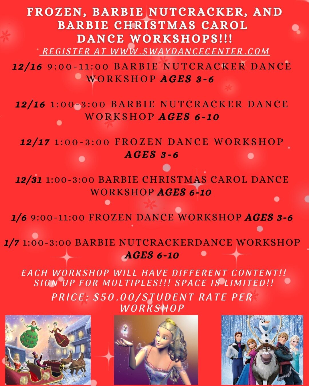 Join Sway for these fantastic holiday workshops! ❄️☃️
Sign up at swaydancecenter.com now to secure your dancer's spot! SPACE IS LIMITED! ❤️
#swaydancecenter #holidaydanceworkshop #danceworkshops #richardsontx #dallasdancestudio #kidsdancestudio #da